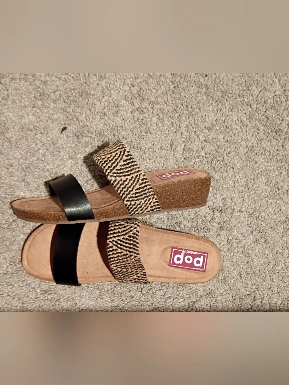 NWB POP Comfort Fit Women’s Black and Natural Woven Slide Sandals Size 9.5